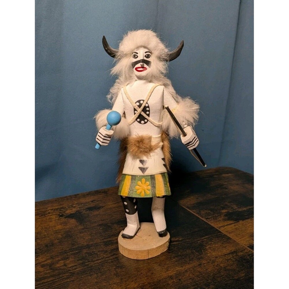 Vintage Native American Kachina Doll White Buffalo Katsina 9" Signed Hand Carved